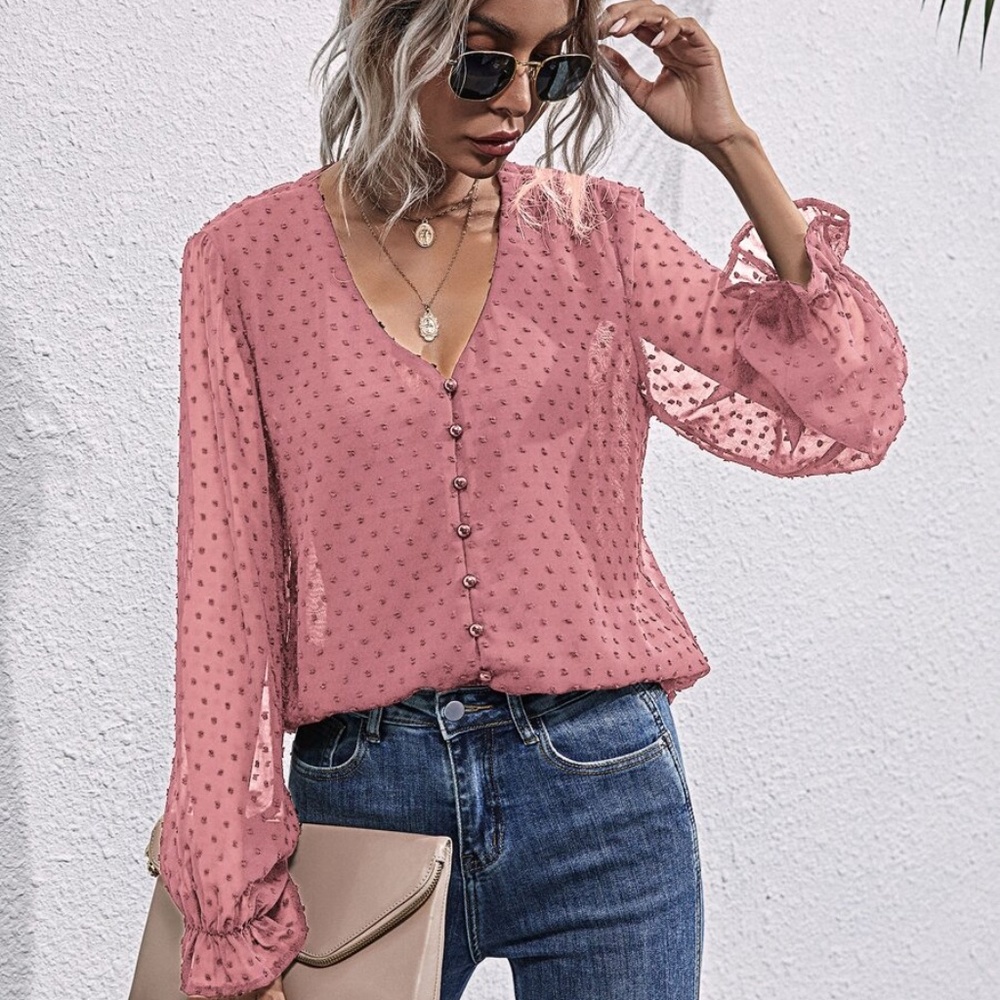 swiss dot v neck button chiffon long sleeve top - Picture 3 of 16